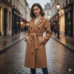Double Breast wool mid Long Winter Trench Coat with Belt